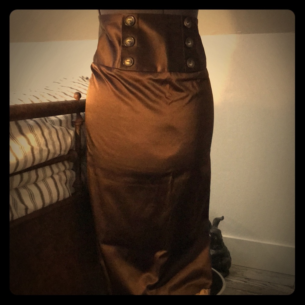 Chocolate brown sateen high waisted pencil skirt.